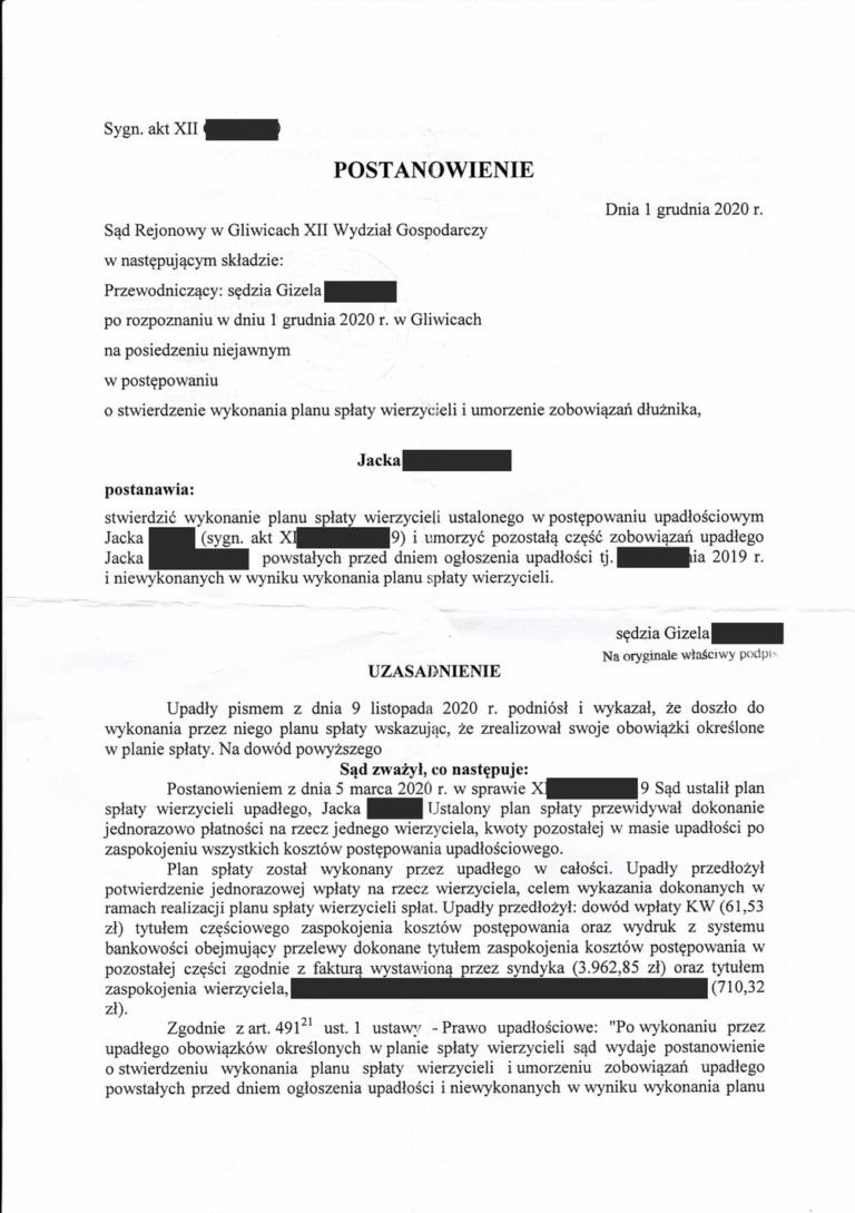 Postanowienie sądu o ogłoszeniu upadłości
