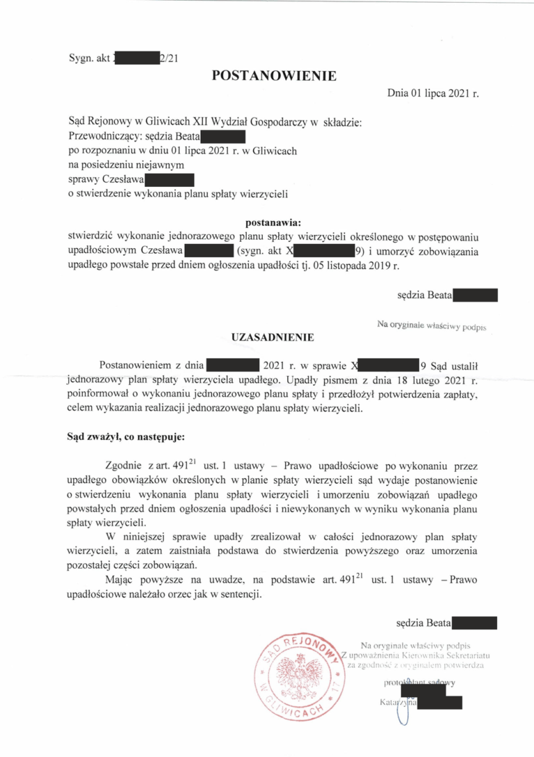 Postanowienie sądu o ogłoszeniu upadłości