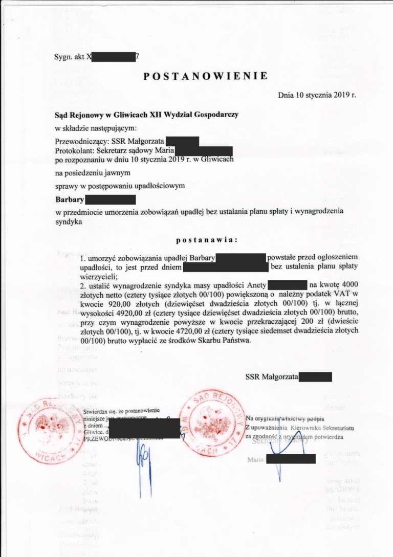 Postanowienie sądu o ogłoszeniu upadłości