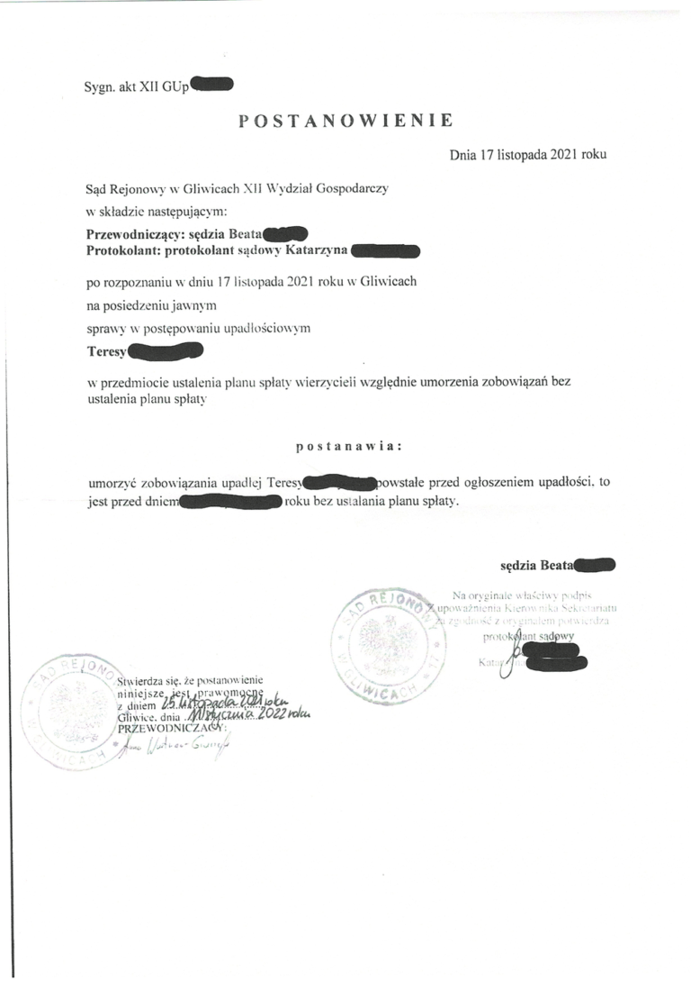 Postanowienie sądu o ogłoszeniu upadłości